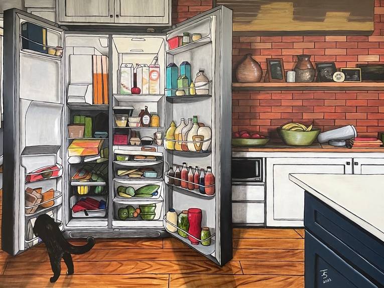 Detailed realistic illustration of a cat getting into an open refrigerator in a well-furnished kitchen.