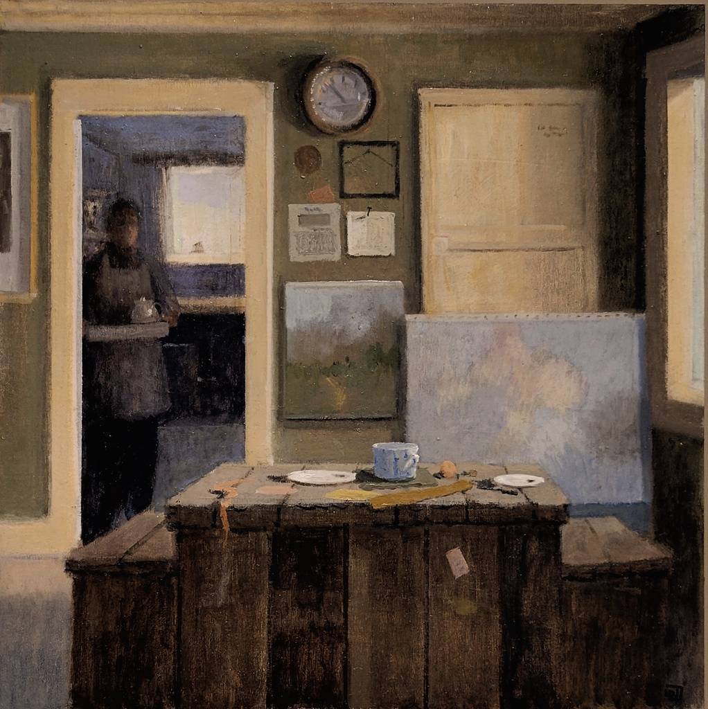 Moody impressionistic painting of the interior of an art studio and a person carrying a tray with tea.