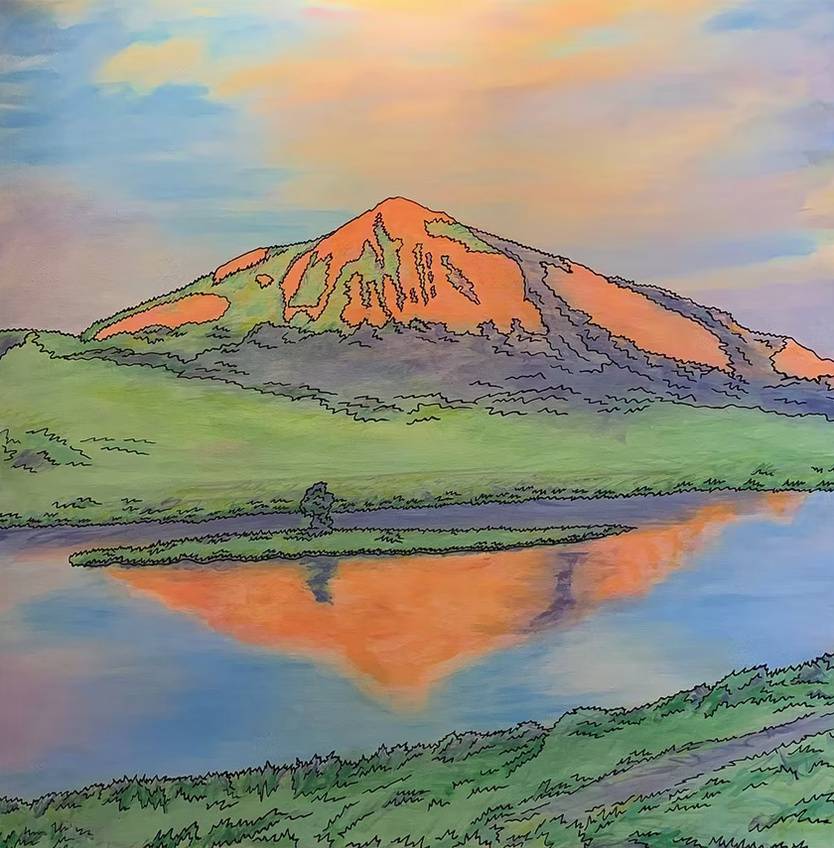 A painting of a mountain reflected in a clear stream, with a slightly unreal color scheme of orange, purple, and green.
