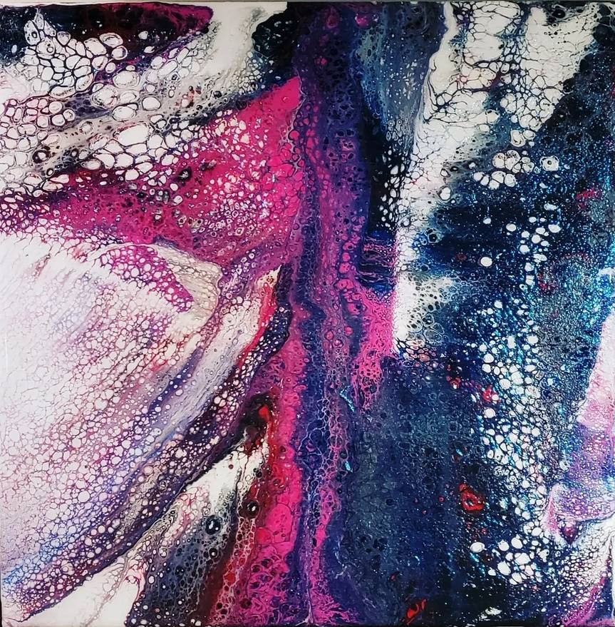 Abstract painting with currents and streams of blue, white, red, and magenta paint, resembling different chemicals or gases colliding.